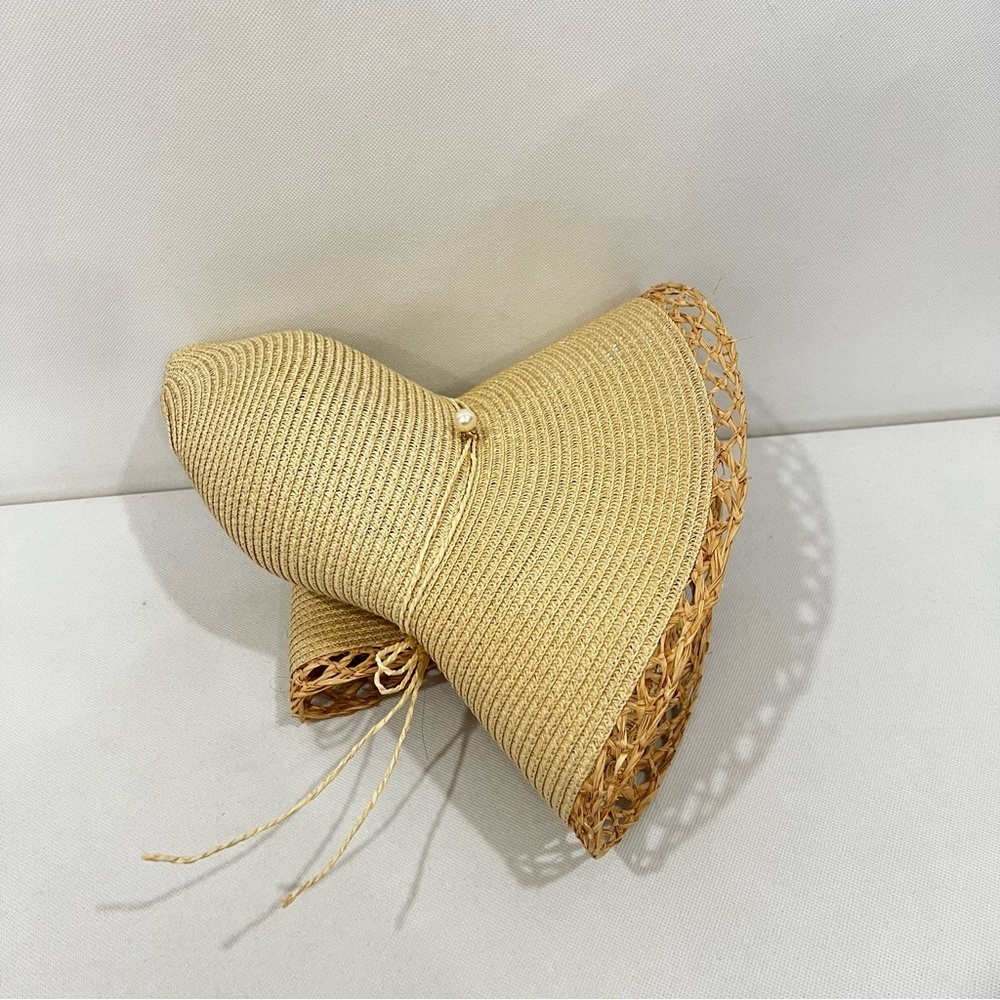 Sun Hat Faux Pearls Details Around Packable Tan Light Brown - Picture 9 of 9